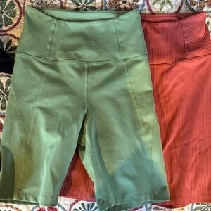 Girlfriend Collective Green and Coral Bike Shorts